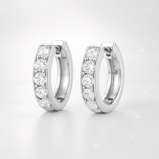 Channel Set Diamond Huggie Earrings - 18k White Gold