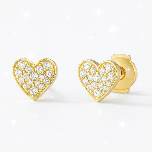 Diamond Heart Stud Earrings - 18K Yellow Gold