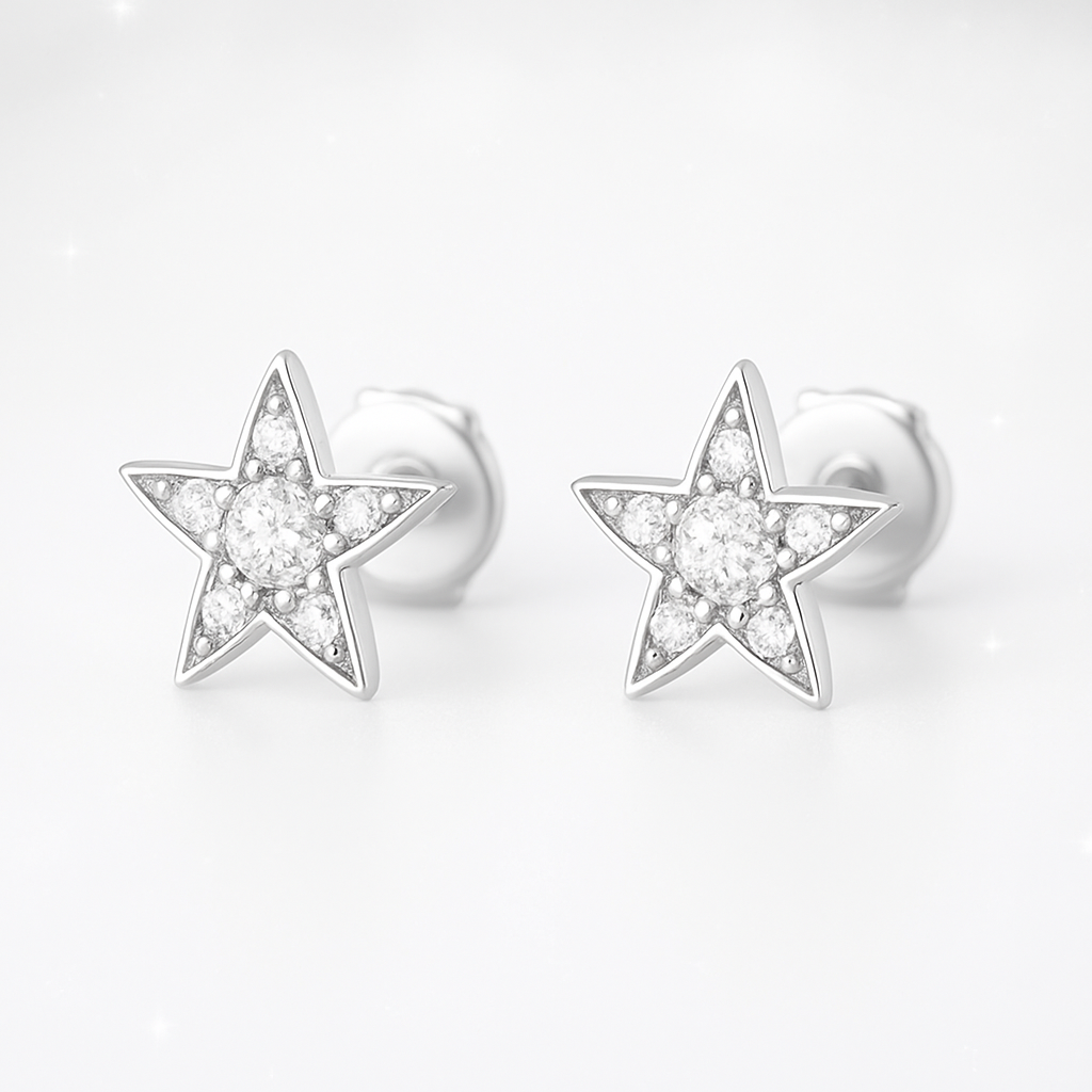 Diamond Star Stud Earrings - 18K White Gold