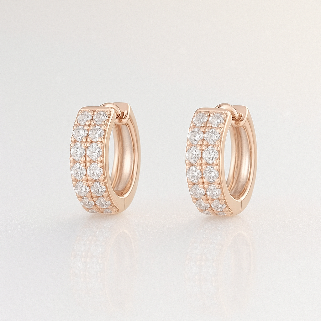 Double Row Diamond Huggie Hoop Earrings - 18K Rose Gold