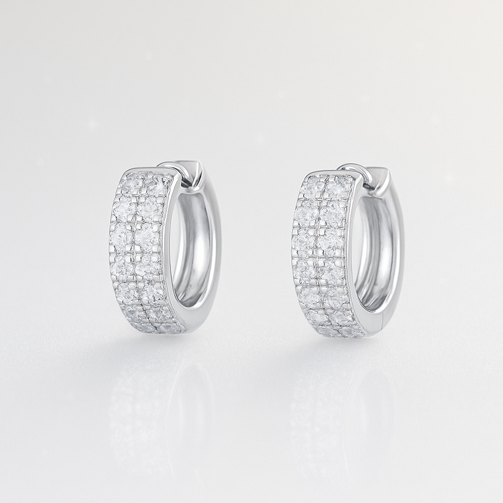 Double Row Diamond Huggie Hoop Earrings - 18K White Gold