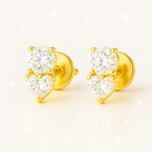 Heart and Round Duo Diamond Stud Earrings - 18K Yellow Gold