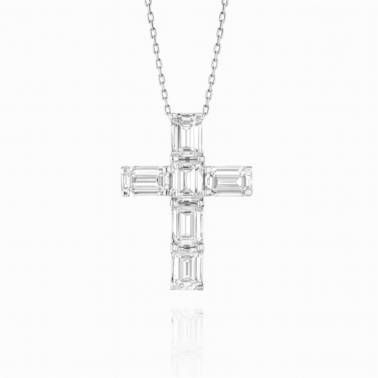 1.85ct - Large Emerald Cut Diamond Cross Pendant in White Gold | Arabic Letter Pendant - ز