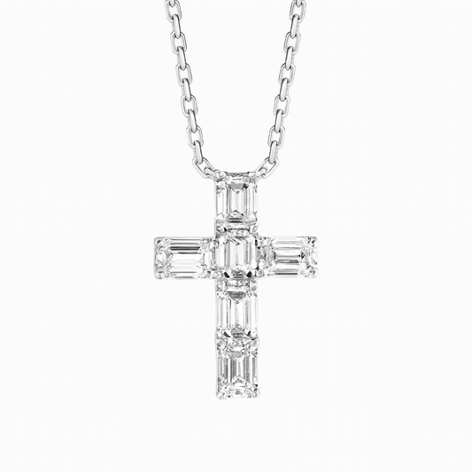 0.86ct - Medium Emerald Cut Diamond Cross Pendant – 18k White Gold