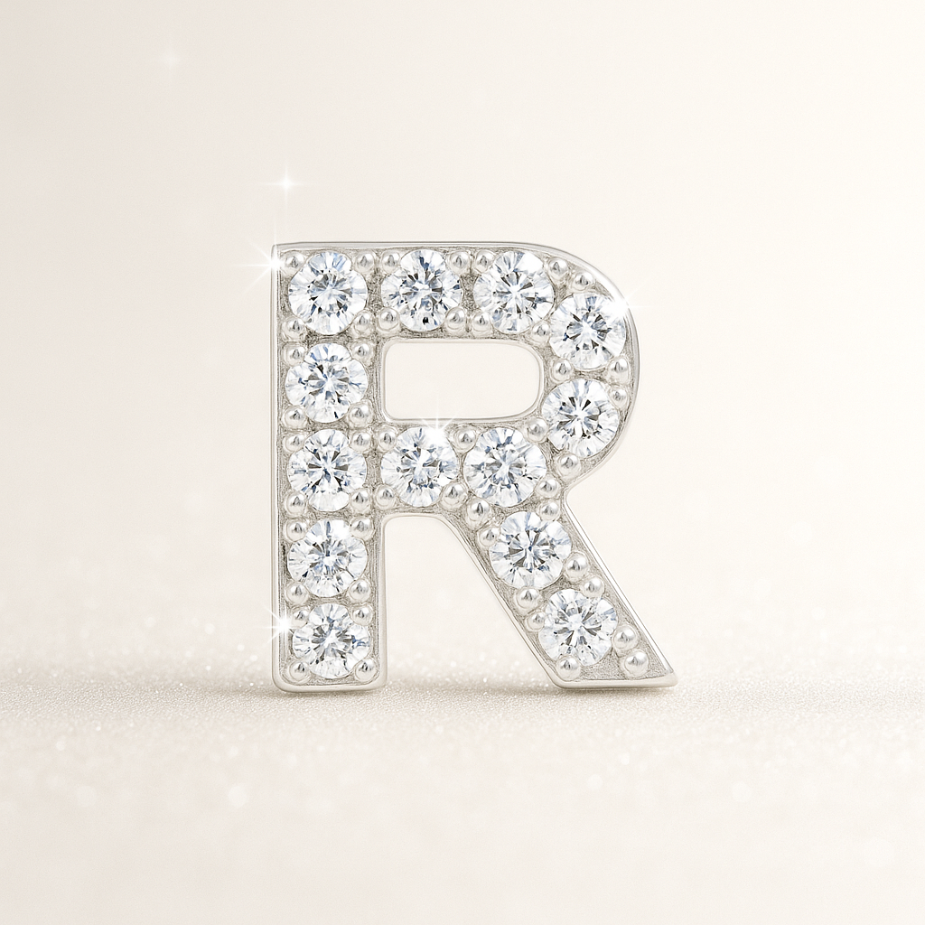 R Letter Stud Earring White Gold