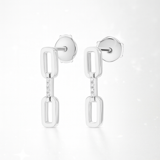 Single Diamond Link Earrings - 18K White Gold