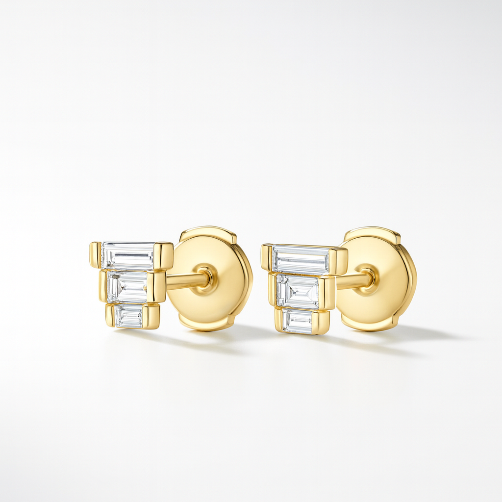Trio Baguette Diamond Earrings – 18k Yellow Gold