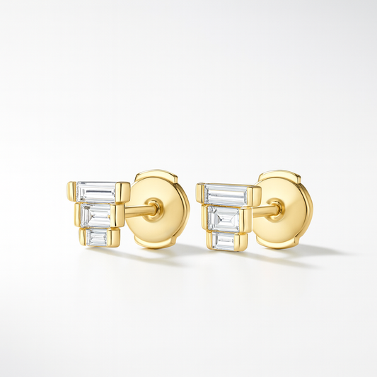 Trio Baguette Diamond Earrings – 18k Yellow Gold