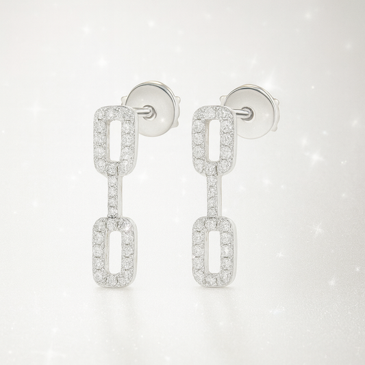 Triple Diamond Link Earrings - 18K White Gold