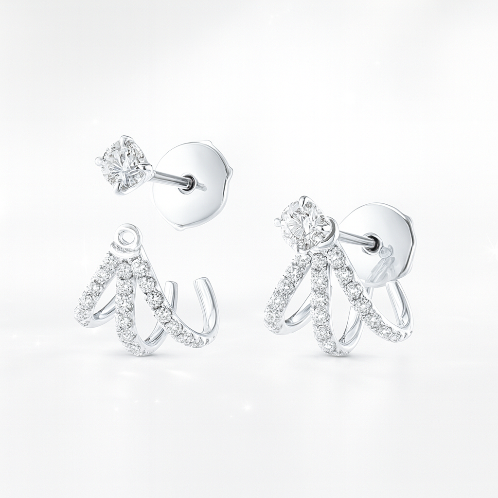 Triple Huggie Earrings with Detachable Studs - 18K White Gold