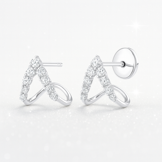 V-Shaped Diamond Curl Earrings - 18K White Gold