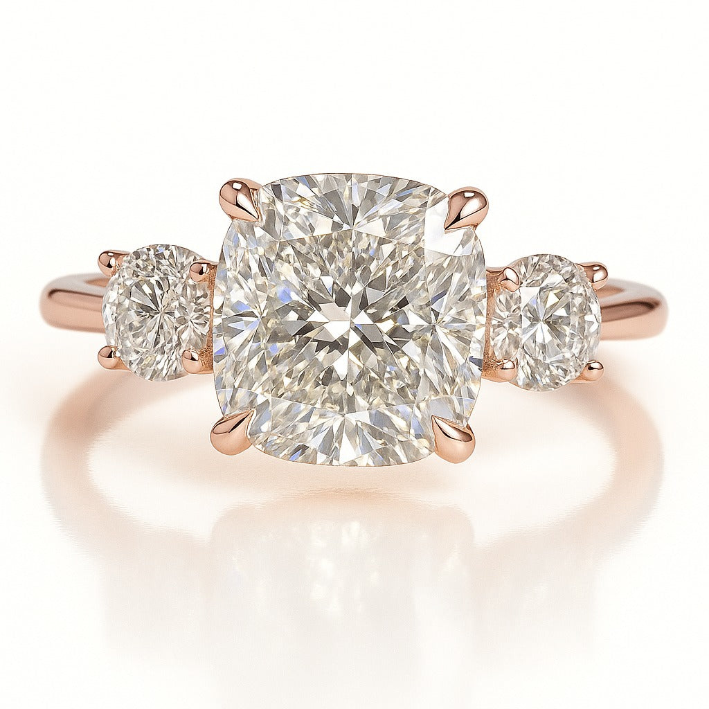 2.5 Carat Lab-Grown Cushion Diamond Trilogy Engagement Ring - 18k Yellow Gold