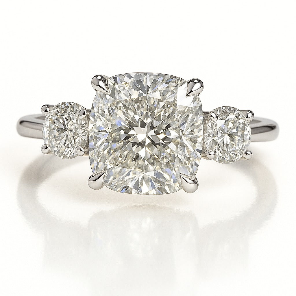 2.5 Carat Lab-Grown Cushion Diamond Trilogy Engagement Ring - 18k Yellow Gold